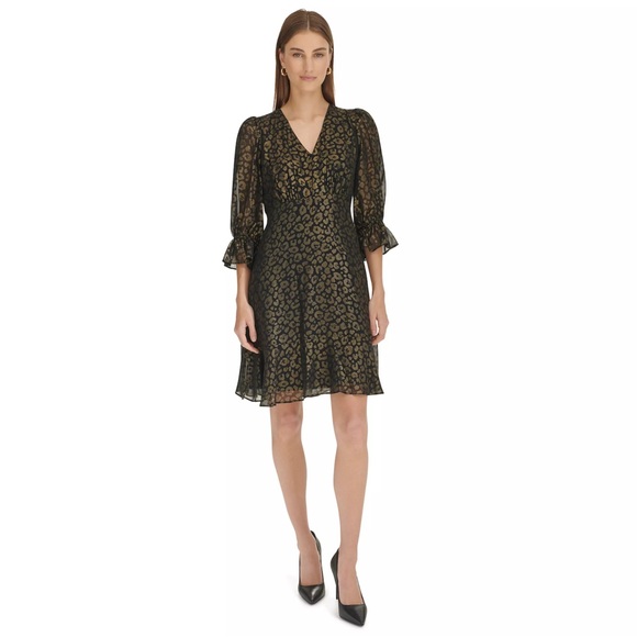 Harper Rose Dresses & Skirts - NWT Harper Rose 3/4 Sleeve Tulip Cuff Dress Black & Gold Size 4